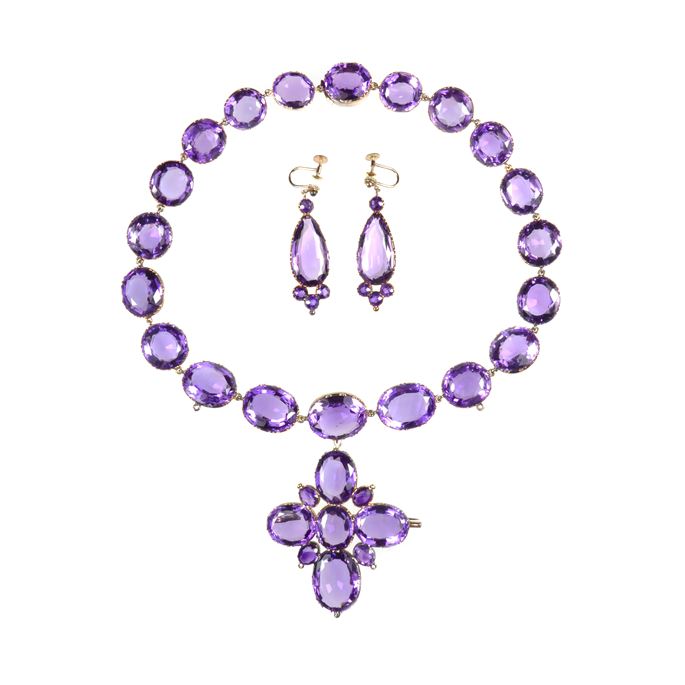 19th century amethyst collet cross pendant necklace and earrings en suite | MasterArt